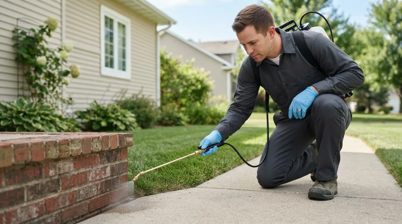 Pest control technician treating a home near Britt, IA