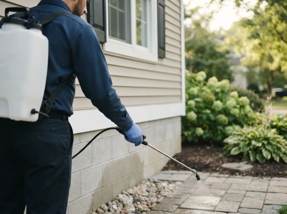 Pest control technician inspecting a home in Britt, IA